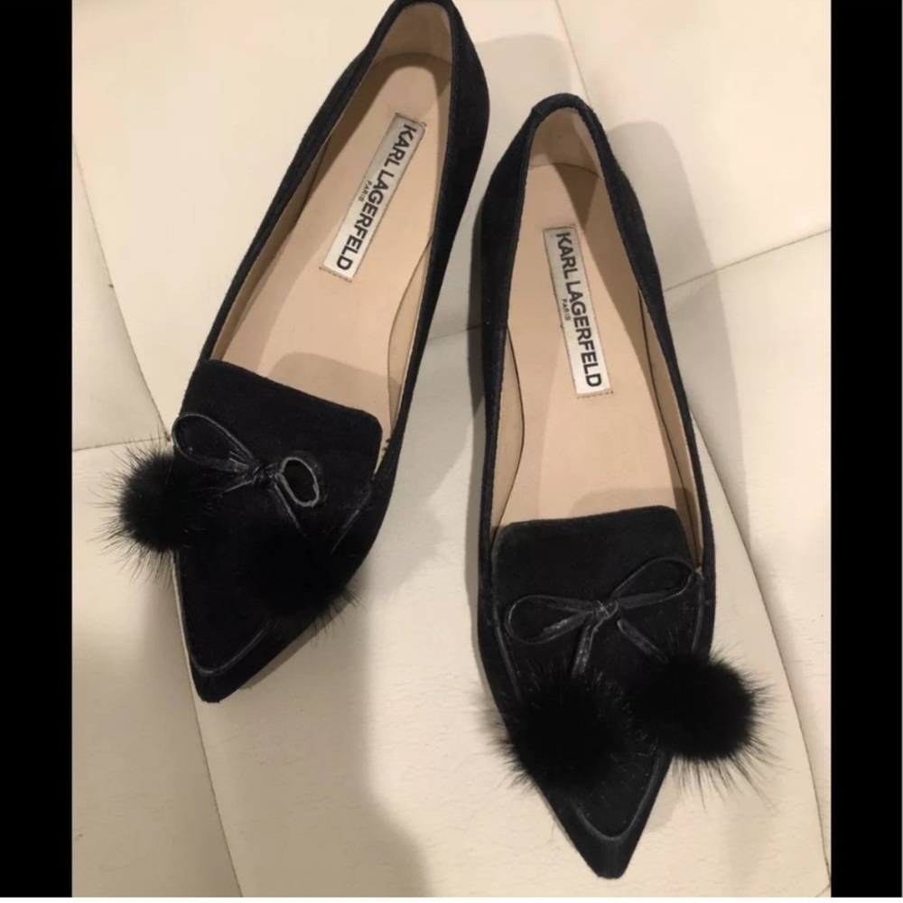 Karl Lagerfeld Dalli Suede Real Mink Pom Pom Flats, 6.5